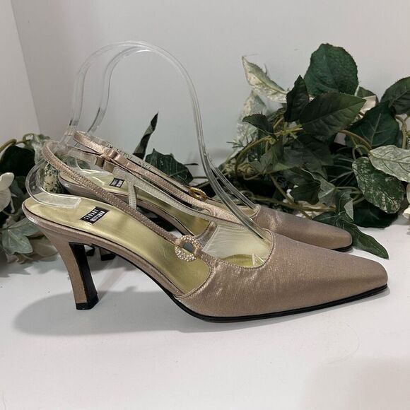 NWOT Stuart Weitzman Heels Women's Size 8.5 Gold Slingback Shimmery Ankle Strap - Picture 4 of 14